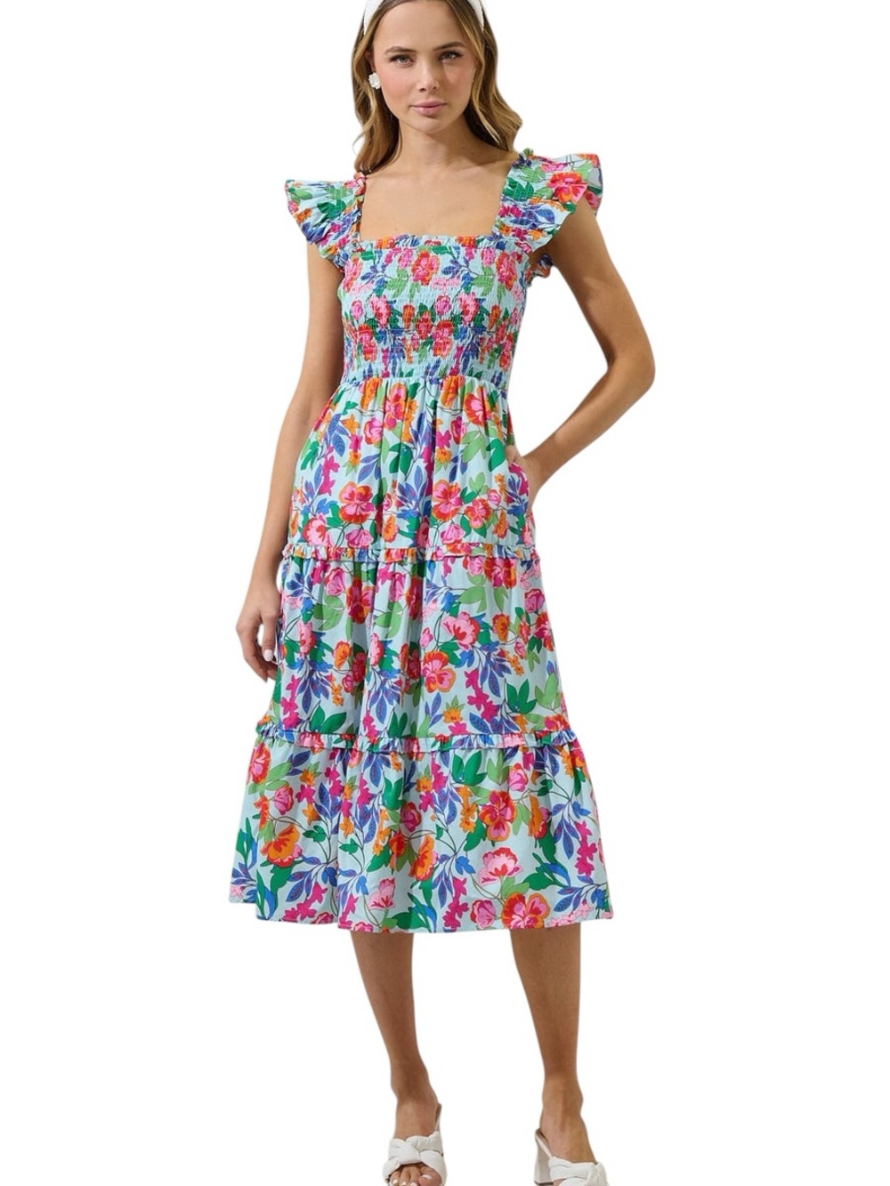 Sugarlips Floral Tiered Midi Dress with Ruffle Sleeves